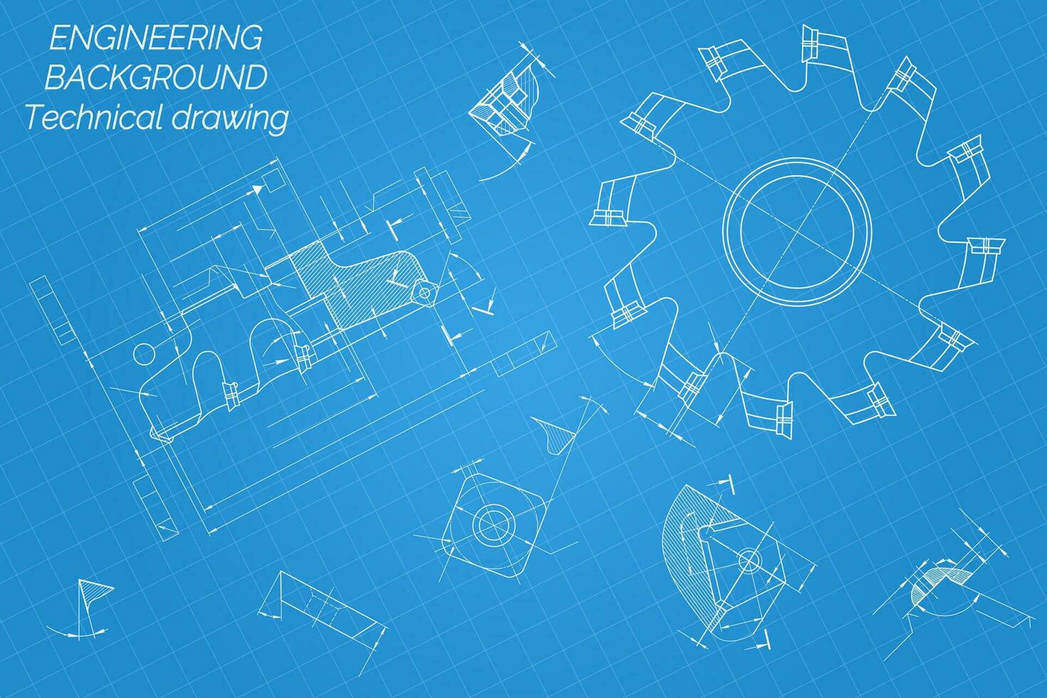 Mechanical engineering drawings on blue background. Cutting tools, milling cutter. Technical Design. Cover. Blueprint. Vector illustration.