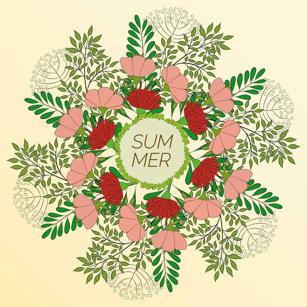 Summer floral background in the form of a wreath of flowers and green leaves. For the design of postcards, brochures vector