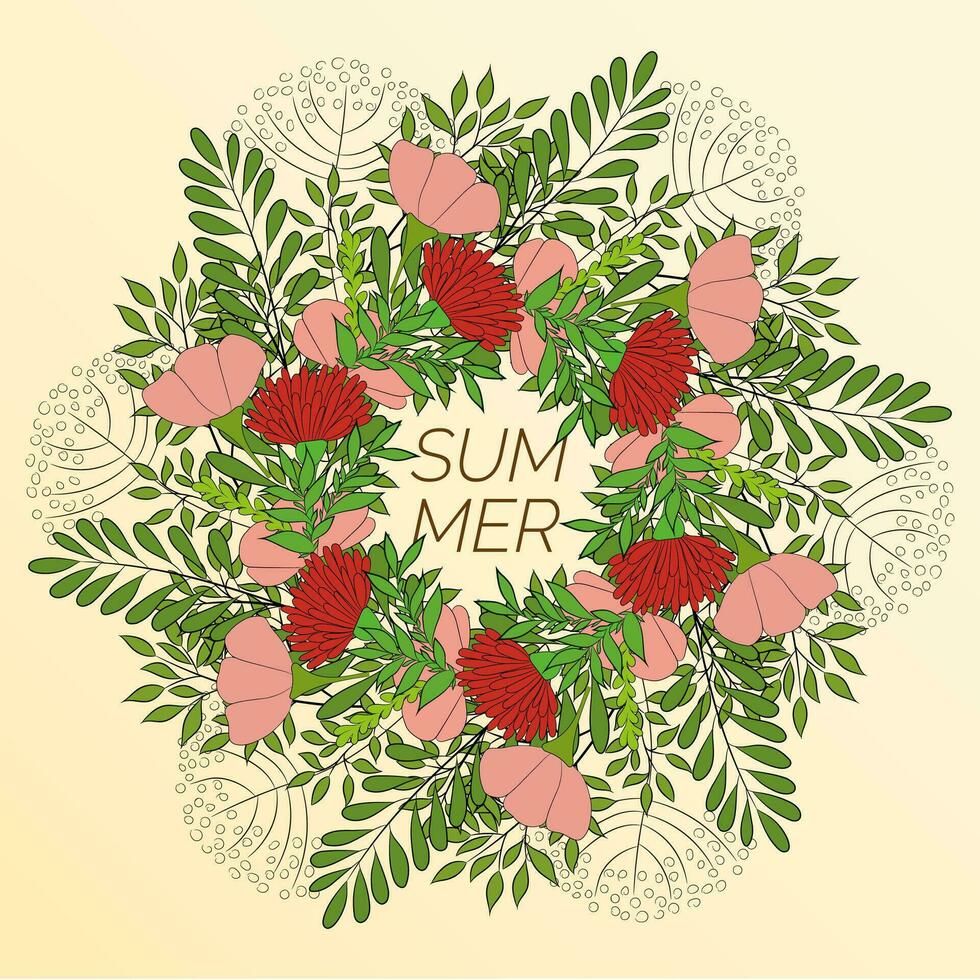 Summer floral background in the form of a wreath of flowers and green leaves. For the design of postcards, brochures vector