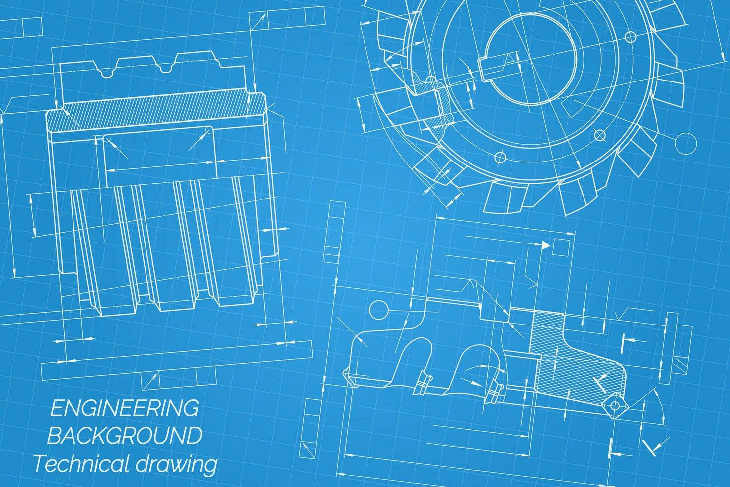 Mechanical engineering drawings on blue background. Cutting tools, milling cutter. Technical Design. Cover. Blueprint. Vector illustration.