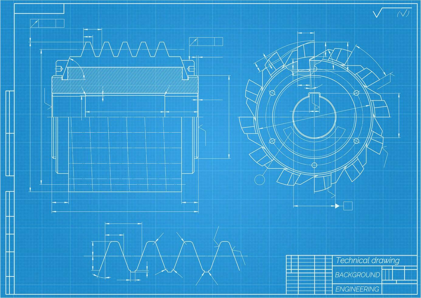 mecánico Ingenieria dibujos en azul antecedentes. corte herramientas, molienda cortador. técnico diseño. cubrir. Plano. vector ilustración.