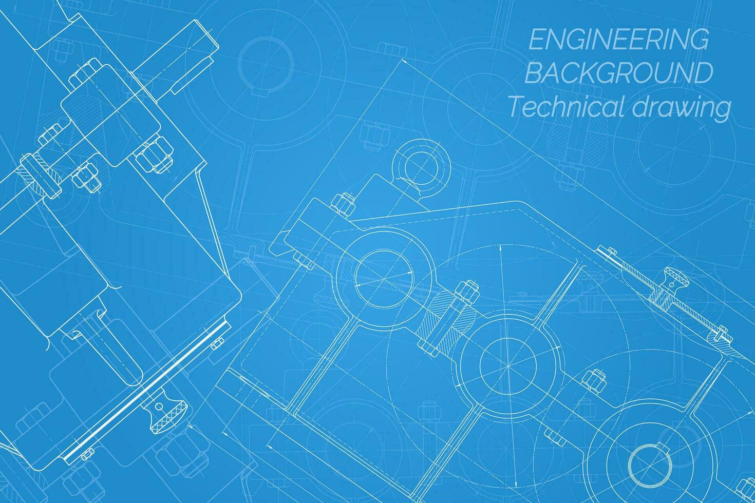 Mechanical engineering drawings on blue background. Reducer. Technical Design. Cover. Blueprint. Vector illustration.