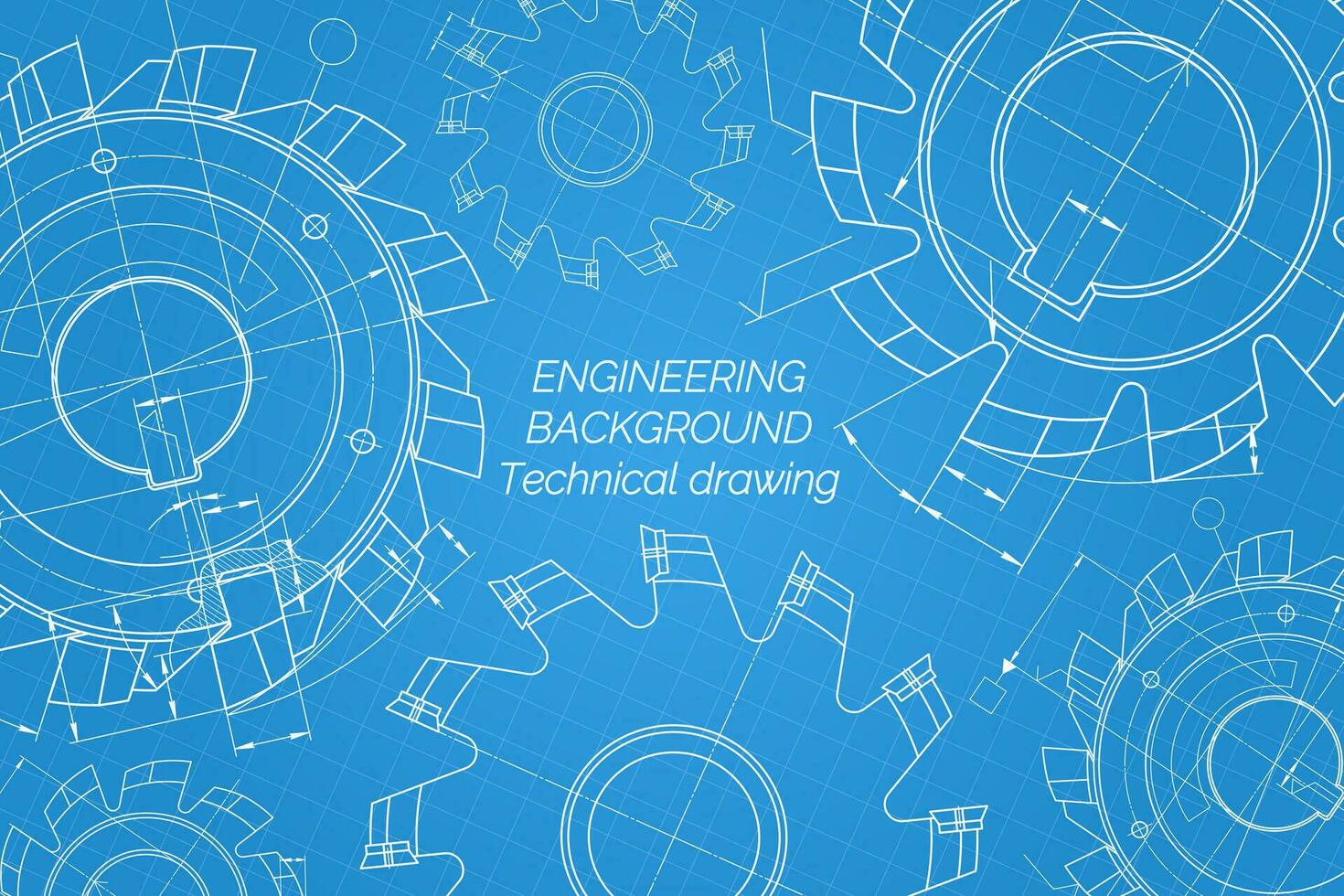 Mechanical engineering drawings on blue background. Cutting tools, milling cutter. Technical Design. Cover. Blueprint. Vector illustration.