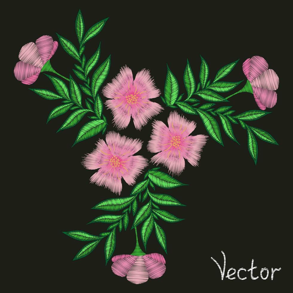 Embroidered cherry flowers on a black background. Traditional folk fashion ornament. vector