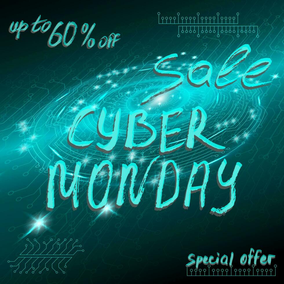 Blue futuristic technological background in cyberpunk style. Cyber monday. The inscription is painted by hand with brush. Lettering for design of postcards, calendar, poster, banner. vector