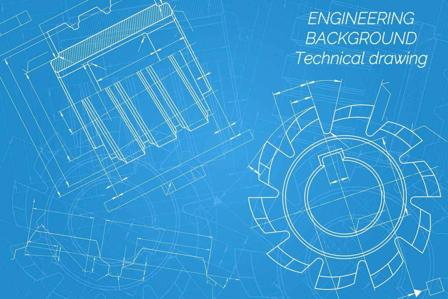 Mechanical engineering drawings on blue background. Cutting tools, milling cutter. Technical Design. Cover. Blueprint. Vector illustration.