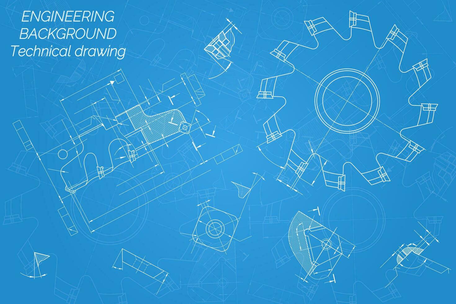 Mechanical engineering drawings on blue background. Cutting tools, milling cutter. Technical Design. Cover. Blueprint. Vector illustration.