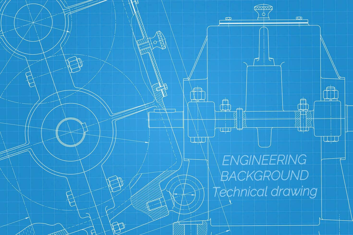 Mechanical engineering drawings on blue background. Reducer. Technical Design. Cover. Blueprint. Vector illustration.