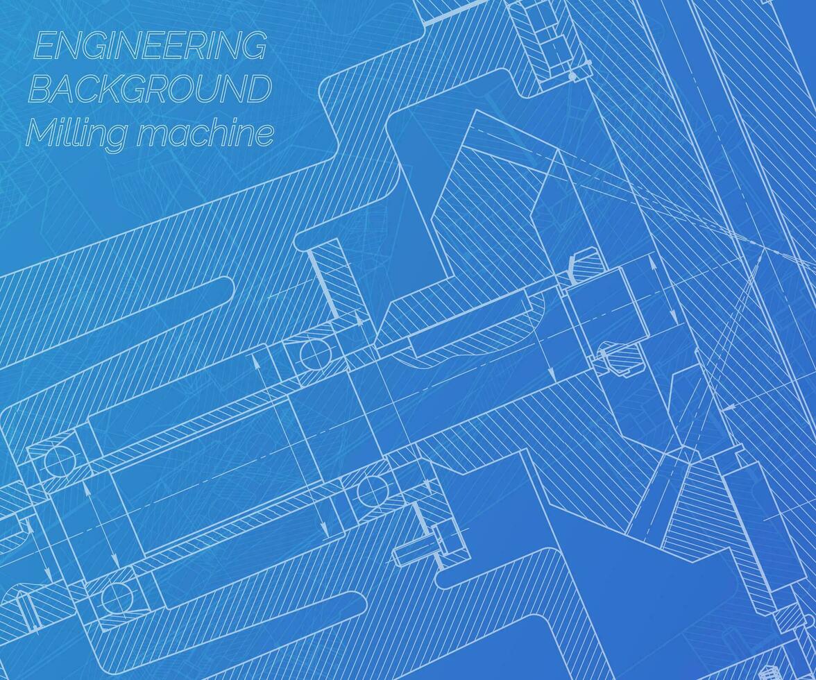 Mechanical engineering drawings on blue background. Milling machine spindle. Technical Design. Cover. Blueprint. Vector illustration.