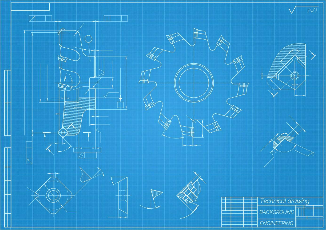 Mechanical engineering drawings on blue background. Cutting tools, milling cutter. Technical Design. Cover. Blueprint. Vector illustration.