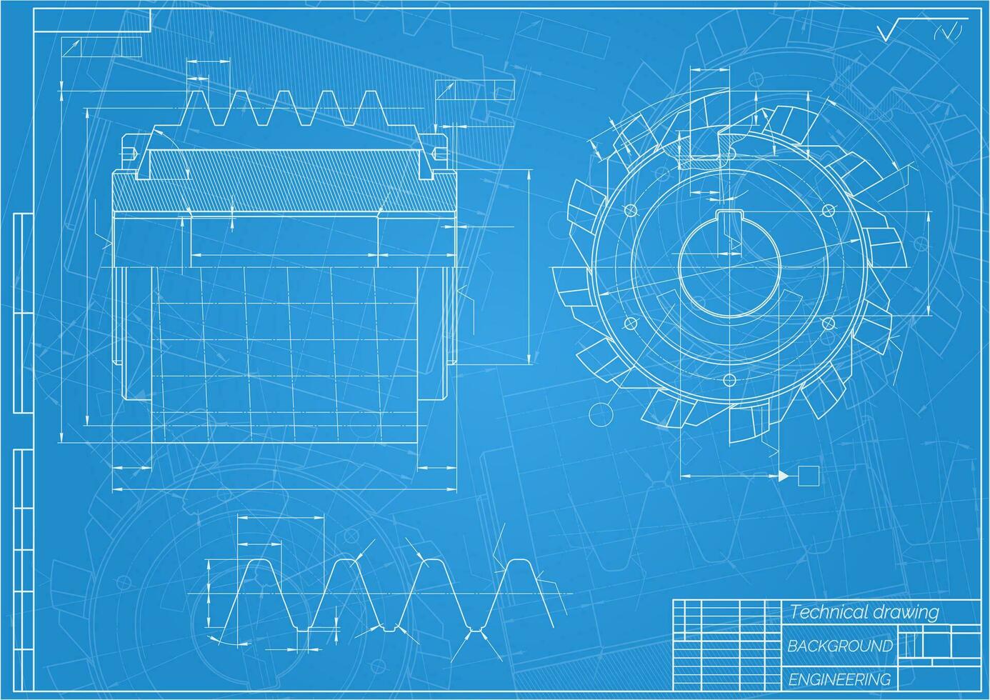 Mechanical engineering drawings on blue background. Cutting tools, milling cutter. Technical Design. Cover. Blueprint. Vector illustration.