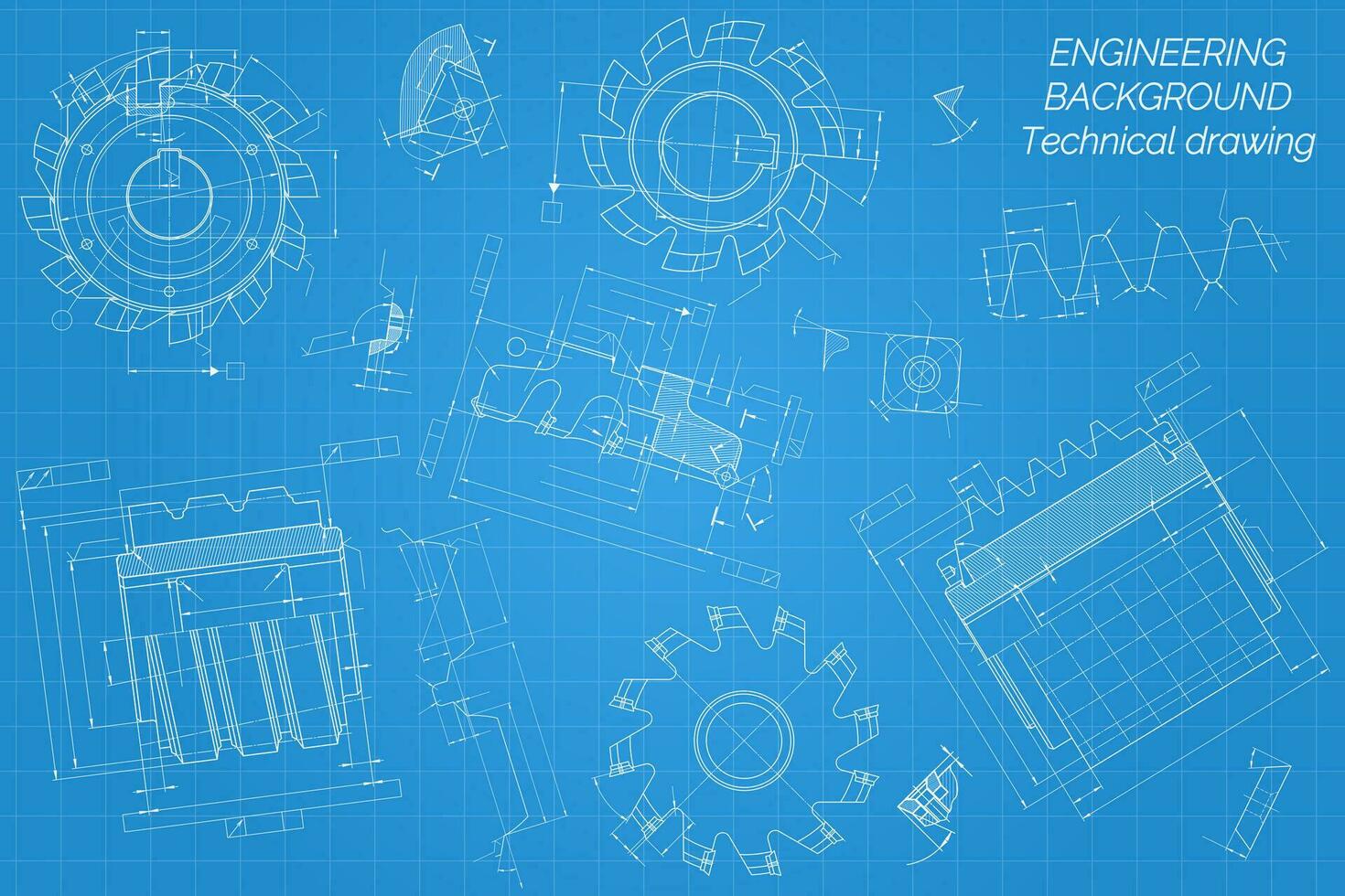 Mechanical engineering drawings on blue background. Cutting tools, milling cutter. Technical Design. Cover. Blueprint. Vector illustration.