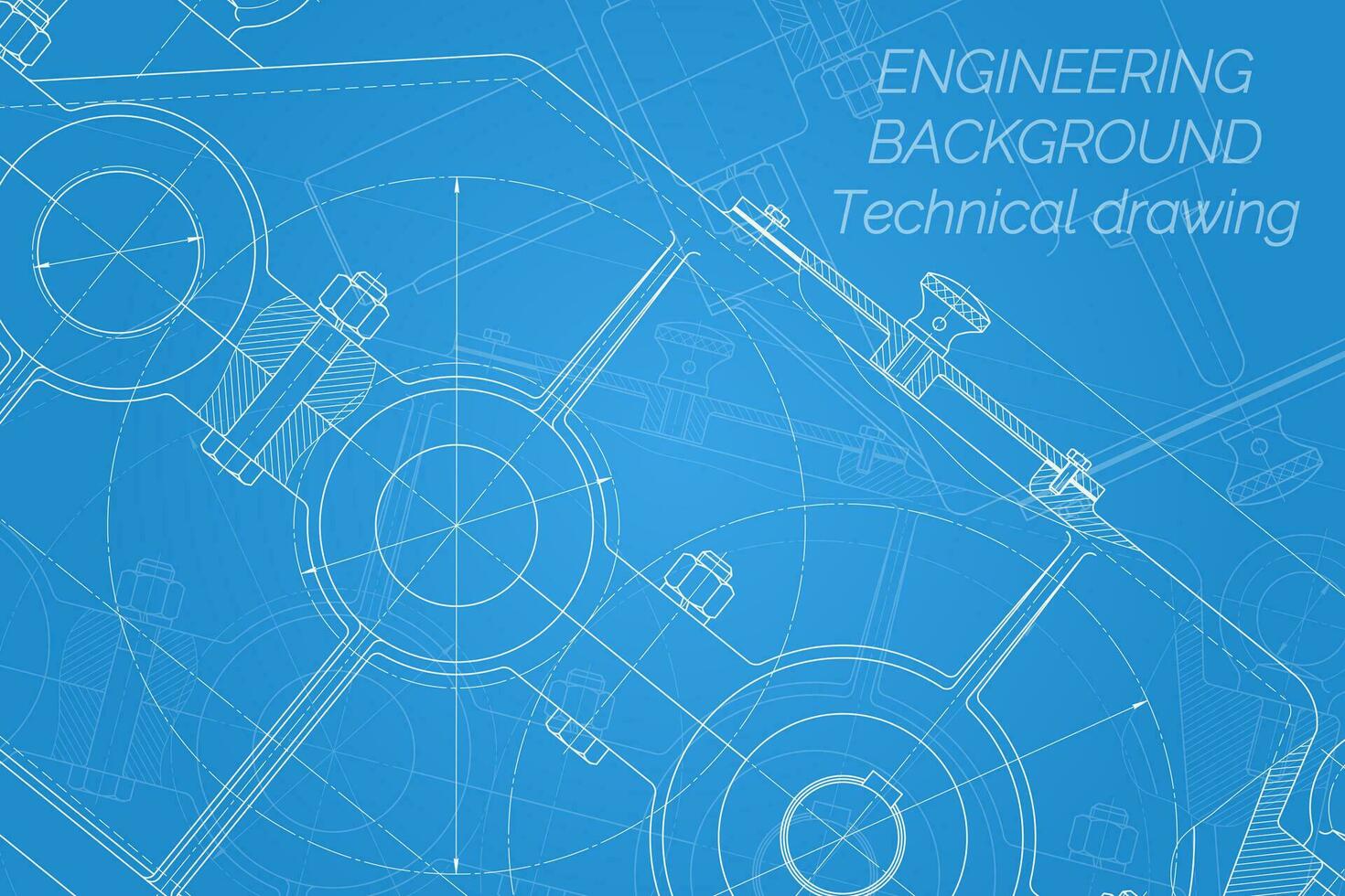 Mechanical engineering drawings on blue background. Reducer. Technical Design. Cover. Blueprint. Vector illustration.