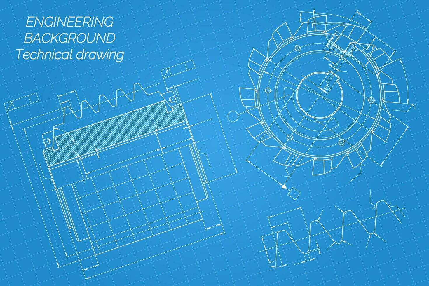 Mechanical engineering drawings on blue background. Cutting tools, milling cutter. Technical Design. Cover. Blueprint. Vector illustration.