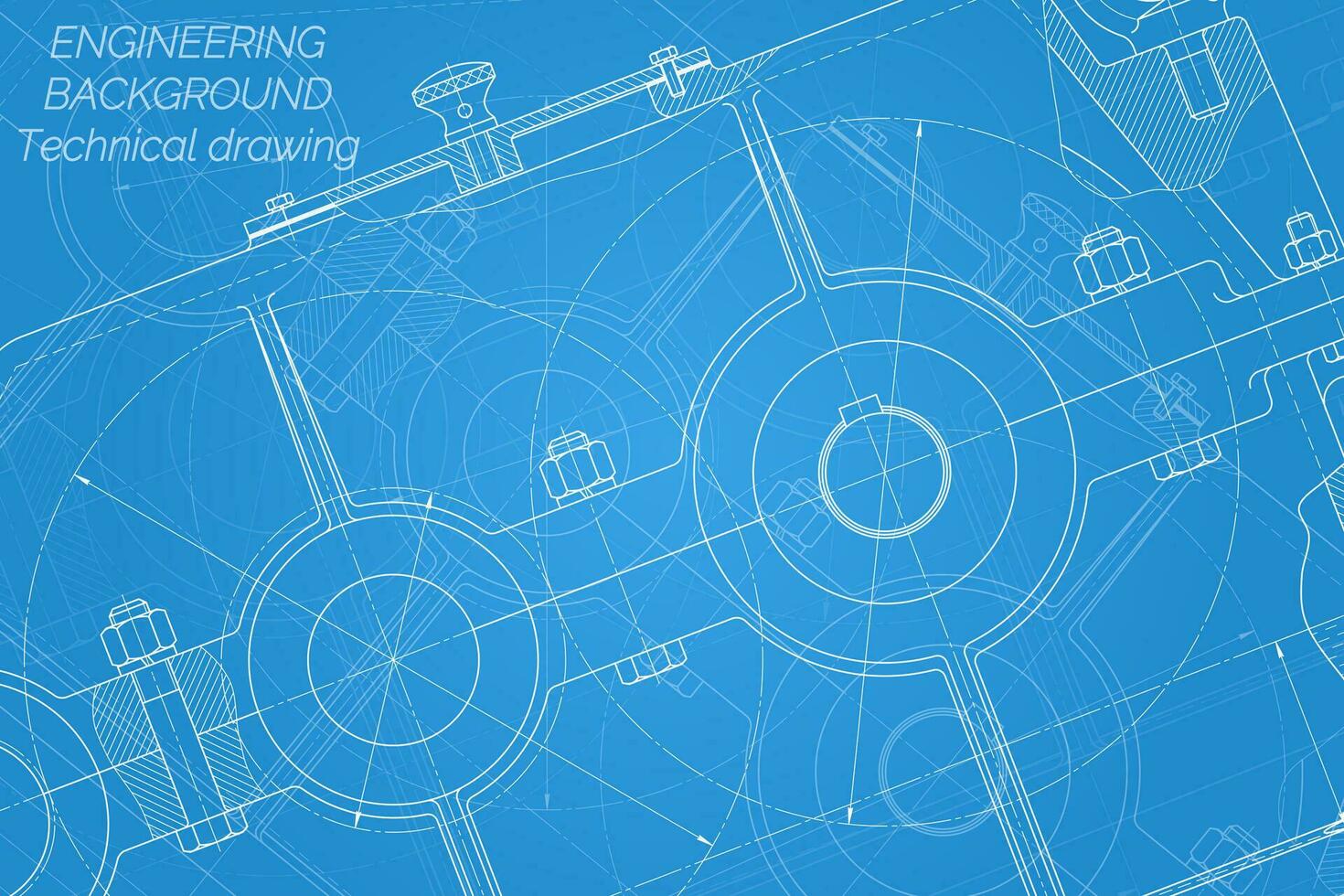 Mechanical engineering drawings on blue background. Reducer. Technical Design. Cover. Blueprint. Vector illustration.