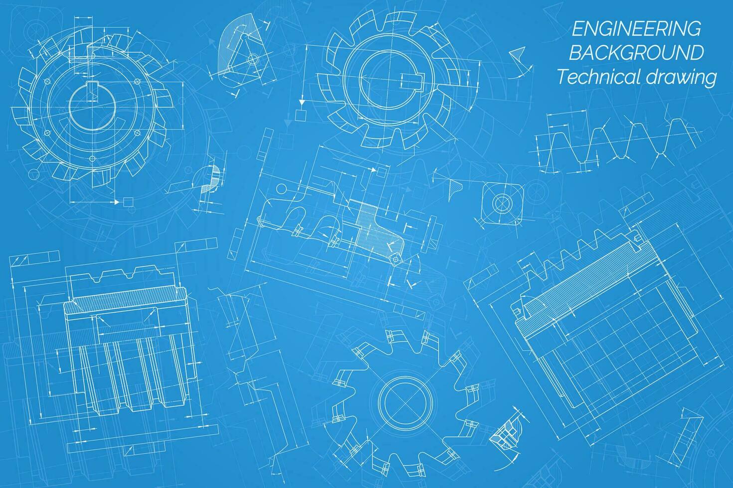 Mechanical engineering drawings on blue background. Cutting tools, milling cutter. Technical Design. Cover. Blueprint. Vector illustration.