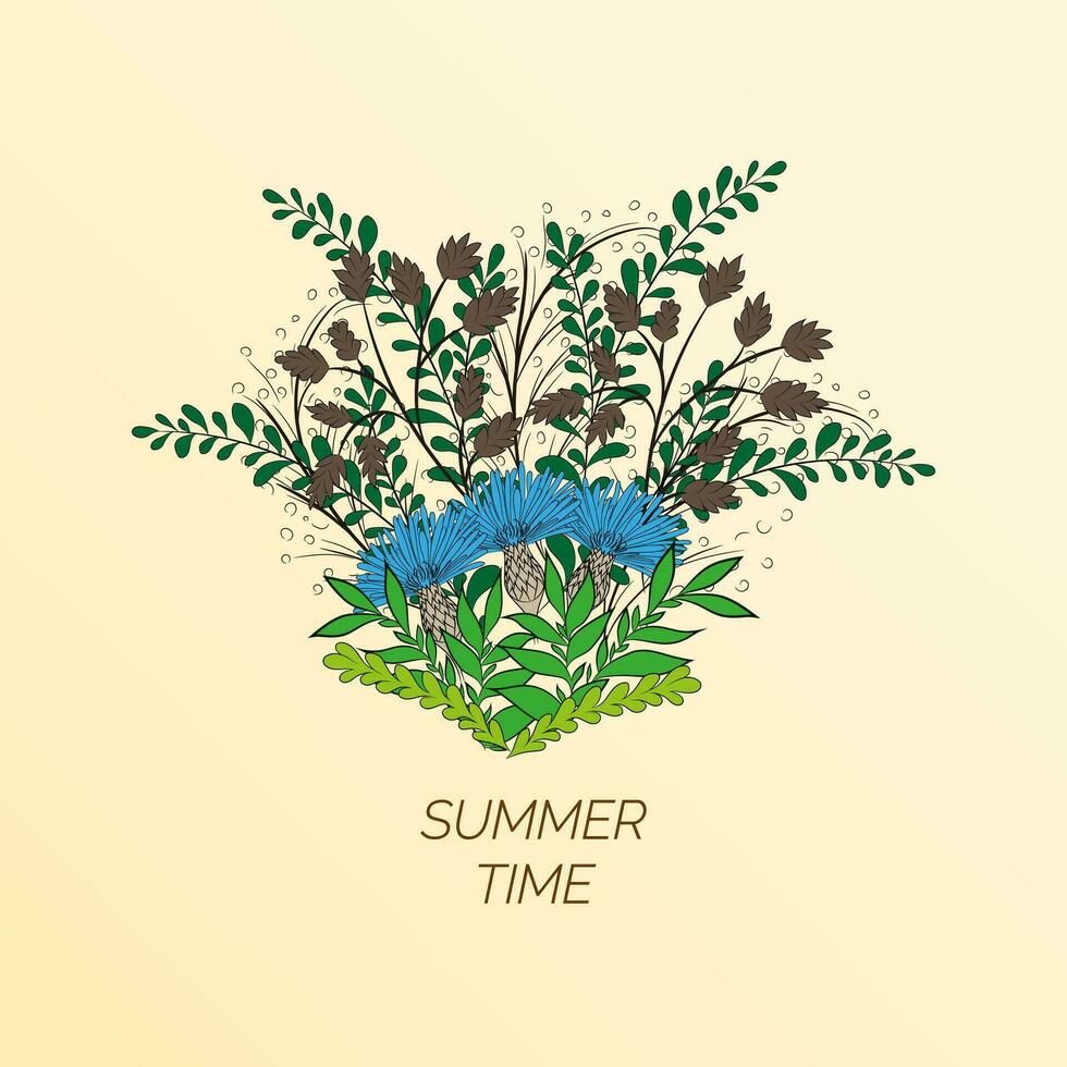 verano floral antecedentes en el formar de un guirnalda de acianos y verde hojas. para el diseño de postales, folletos, volantes vector