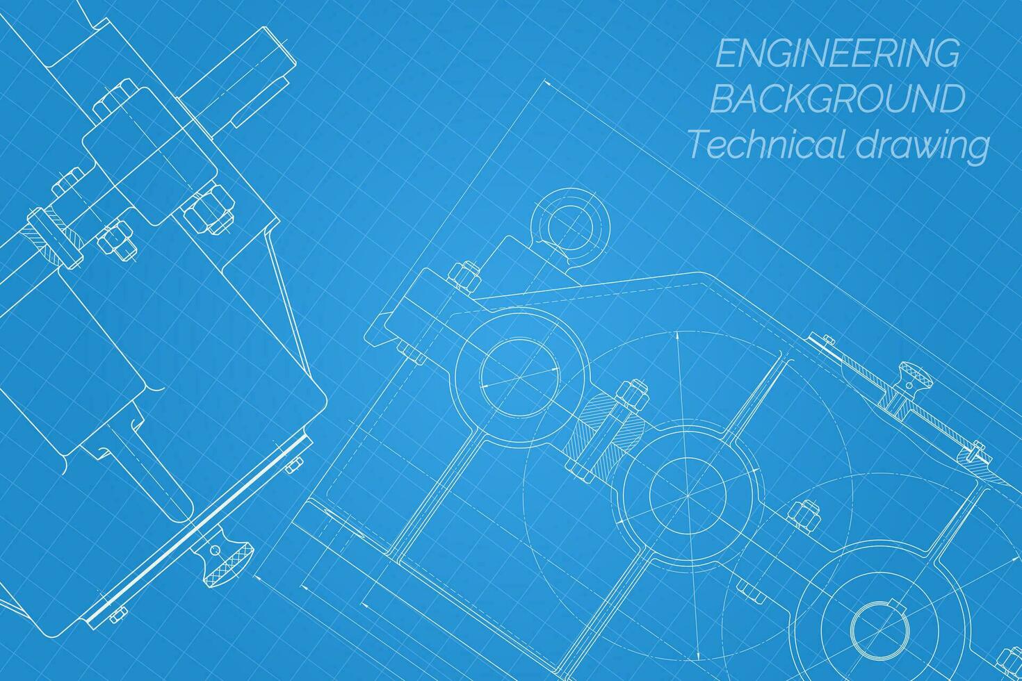 Mechanical engineering drawings on blue background. Reducer. Technical Design. Cover. Blueprint. Vector illustration.