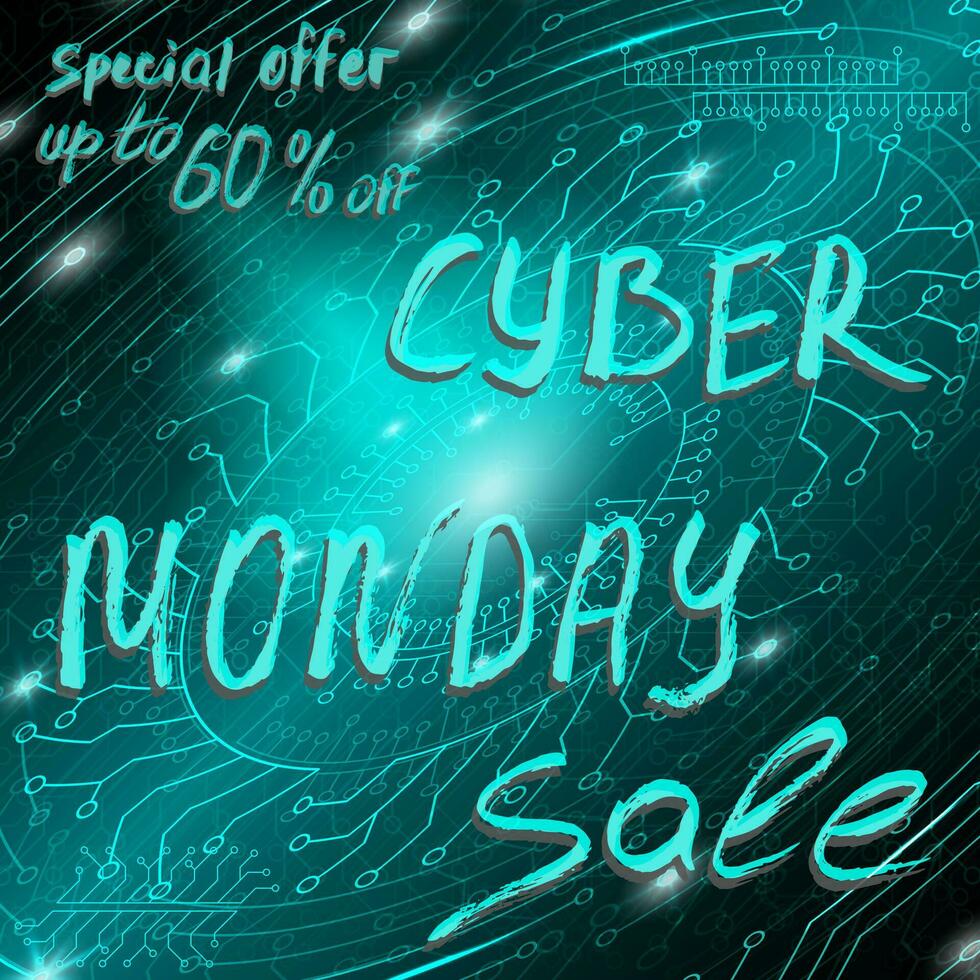 Blue futuristic technological background in cyberpunk style. Cyber monday. The inscription is painted by hand with brush. Lettering for design of postcards, calendar, poster, banner. vector