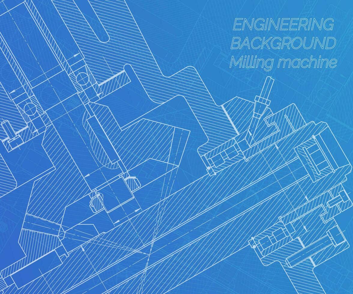 Mechanical engineering drawings on blue background. Milling machine spindle. Technical Design. Cover. Blueprint. Vector illustration.