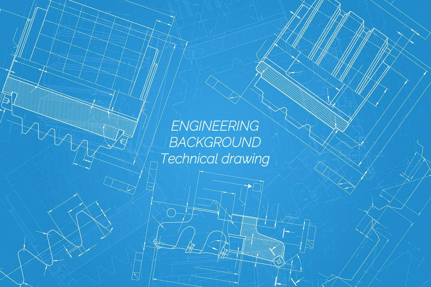 Mechanical engineering drawings on blue background. Cutting tools, milling cutter. Technical Design. Cover. Blueprint. Vector illustration.