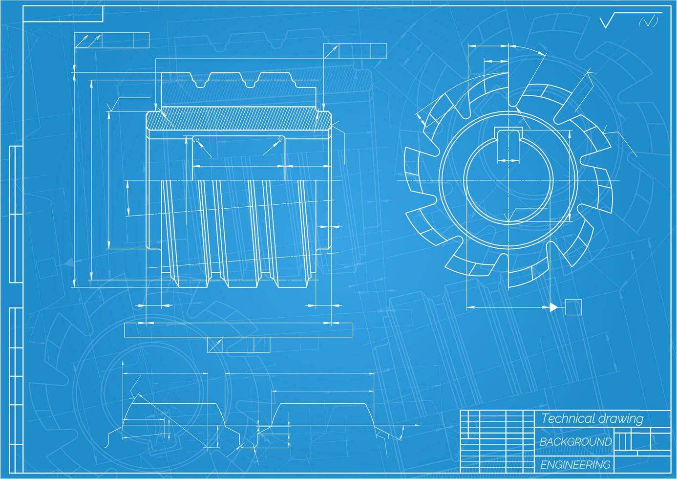 Mechanical engineering drawings on blue background. Cutting tools, milling cutter. Technical Design. Cover. Blueprint. Vector illustration.