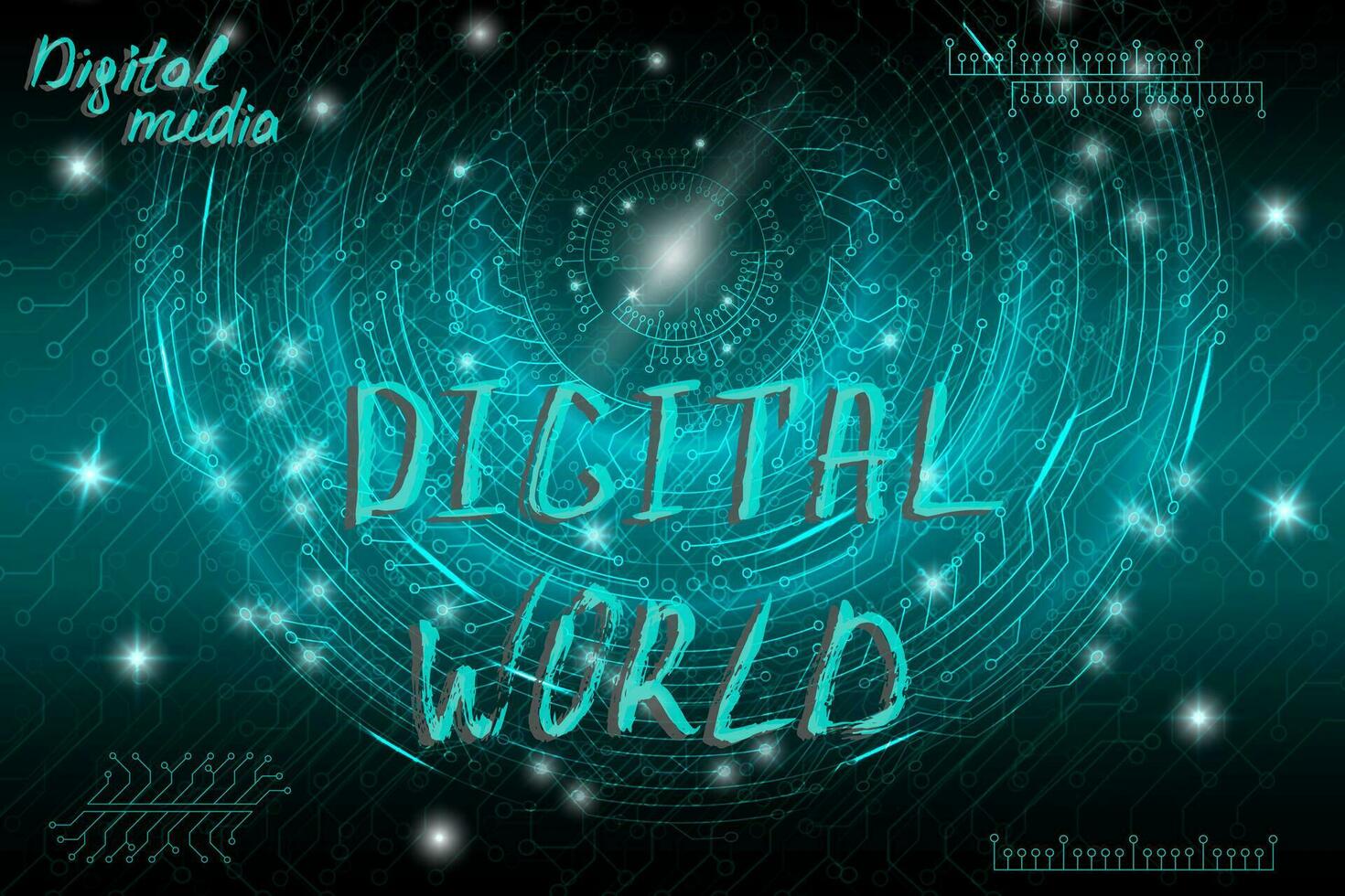 Blue futuristic technological background in cyberpunk style. Digital art. The inscription is painted by hand with brush. Lettering for design of postcards, poster, banner. Vector illustration.