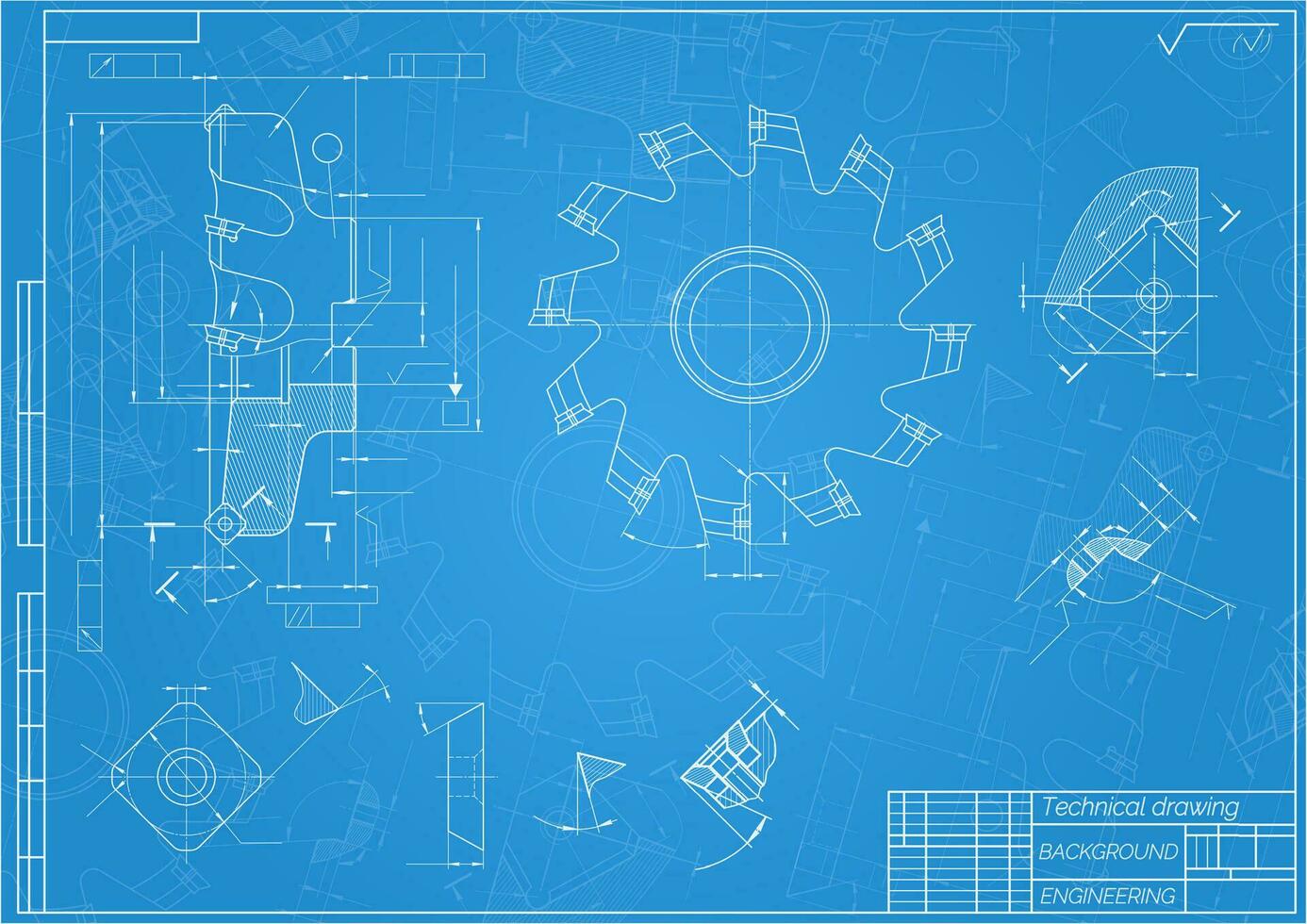 Mechanical engineering drawings on blue background. Cutting tools, milling cutter. Technical Design. Cover. Blueprint. Vector illustration.