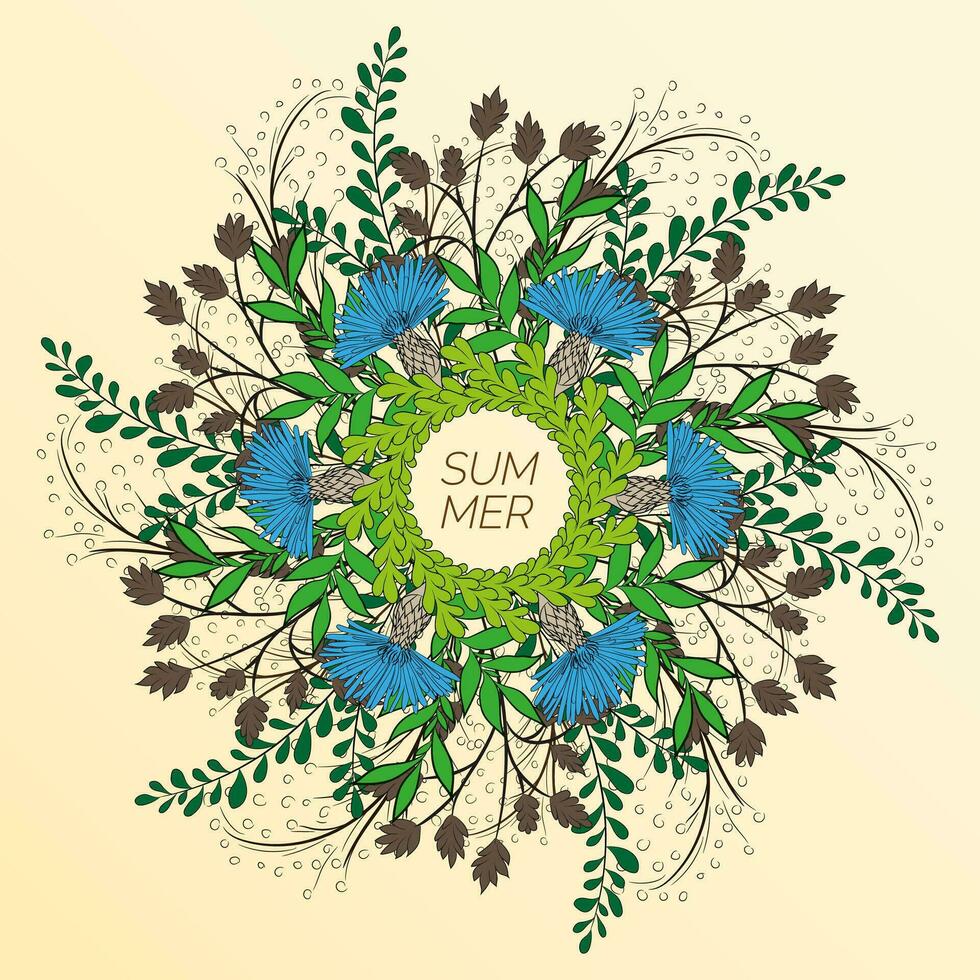 Summer floral background in the form of a wreath of cornflowers and green leaves. For the design of postcards, brochures, flyers. vector