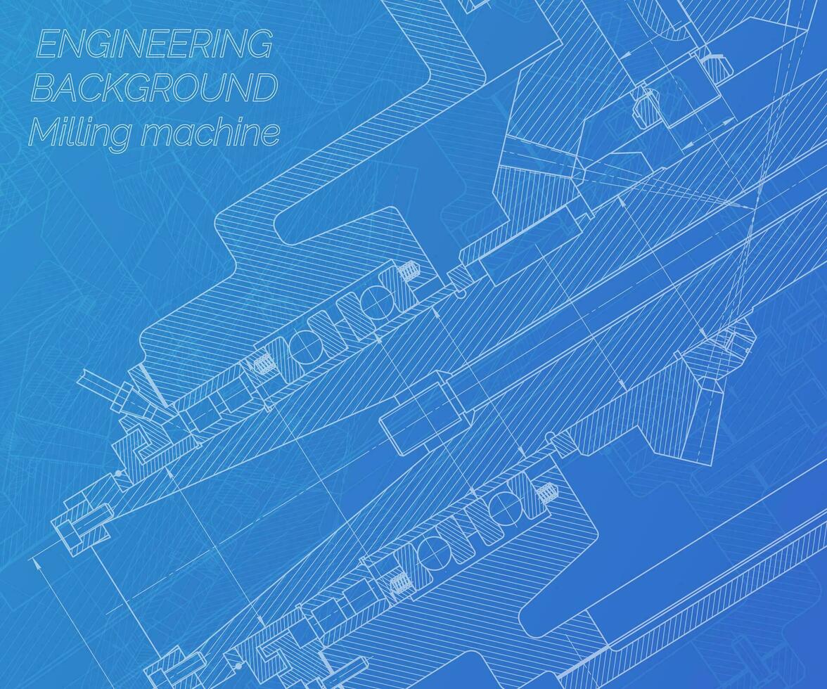 mecánico Ingenieria dibujos en azul antecedentes. molienda máquina huso. técnico diseño. cubrir. Plano. vector ilustración.