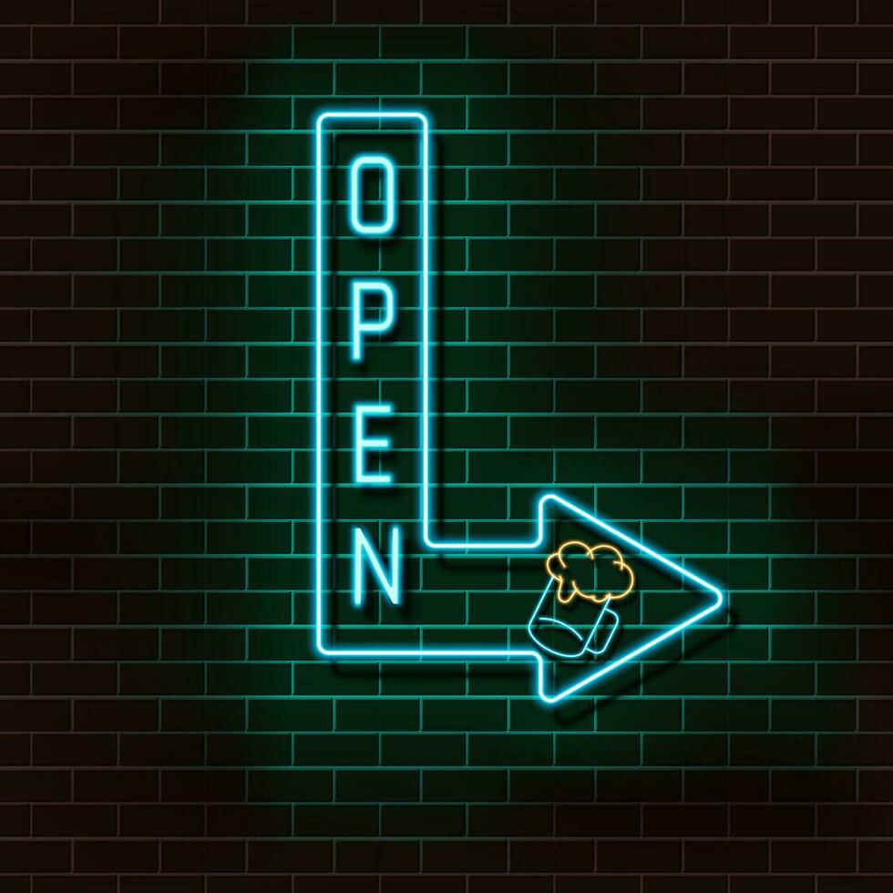 Neon blue arrow with the inscription open and a beer glass on a brick wall. Vector Illustration.