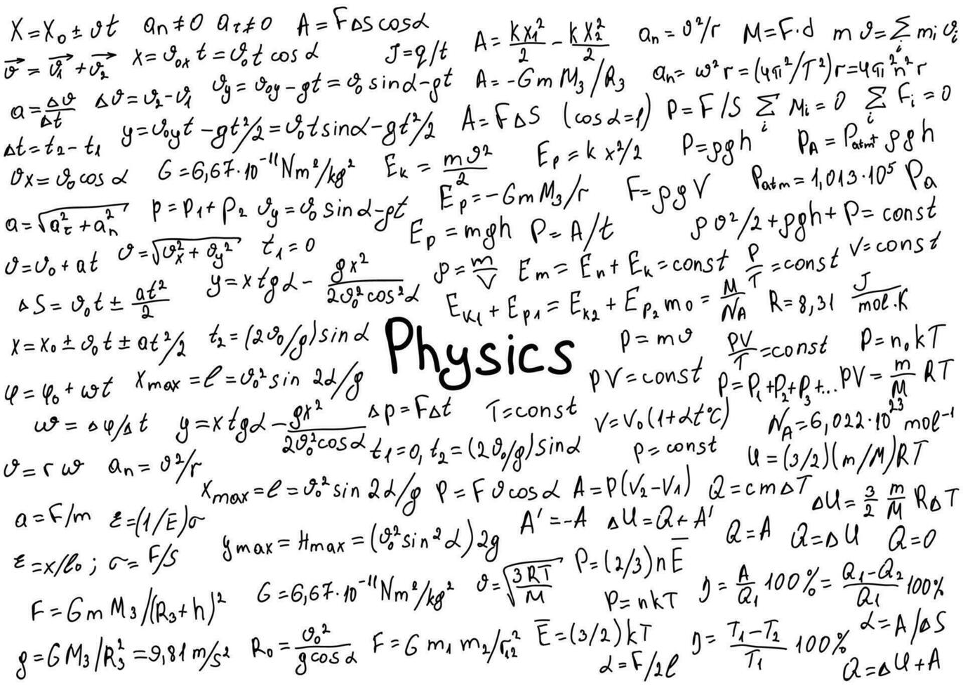 Physics formulas drawn by hand on a white chalkboard for the background. Vector illustration