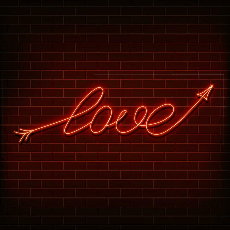 Neon word love. A bright red sign on a brick wall. Element of design for a happy Valentine s day. Vector illustration