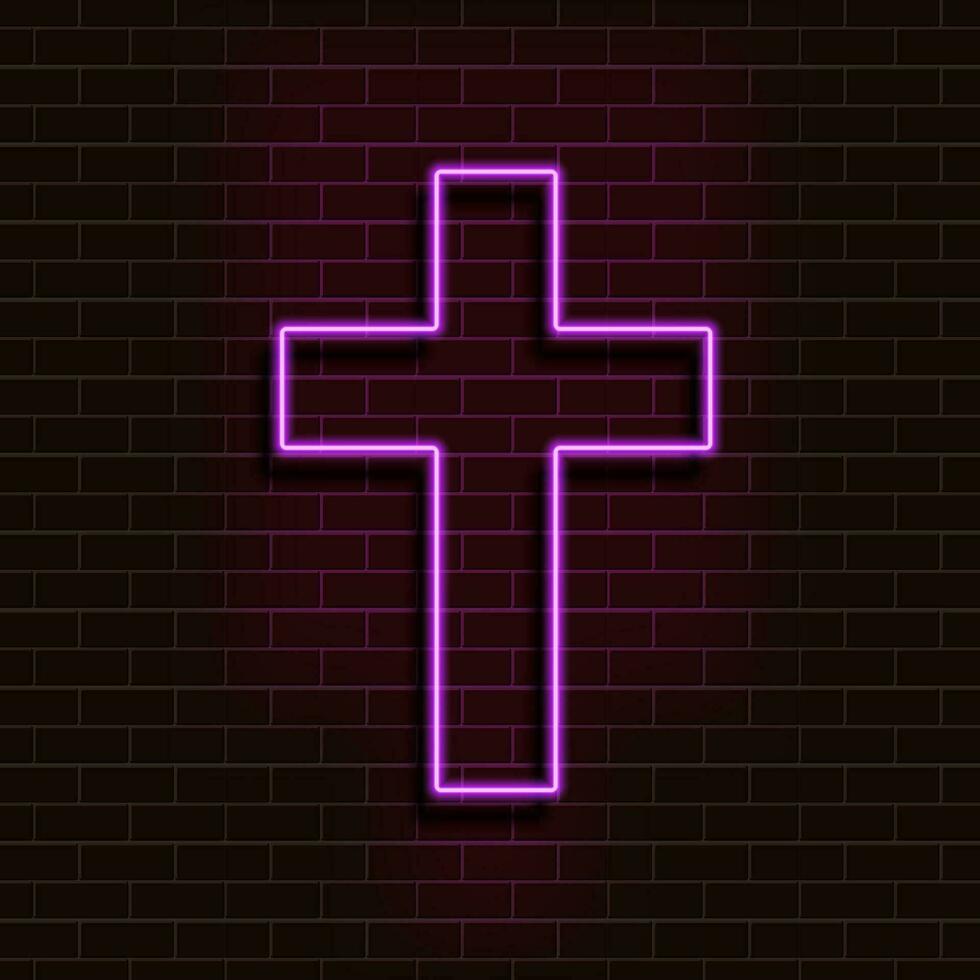 Neon purple christian cross on a brick wall. Decorative realistic retro element for web design. Vector Illustration.