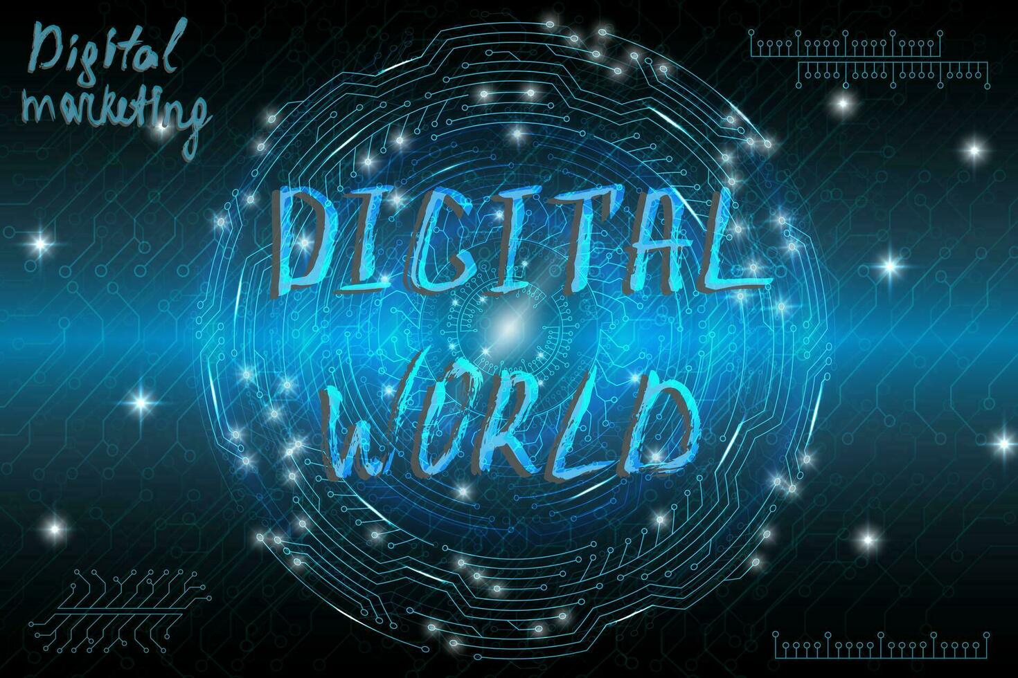 Blue futuristic technological background in cyberpunk style. Digital art. The inscription is painted by hand with brush. Lettering for design of postcards, poster, banner. Vector illustration.