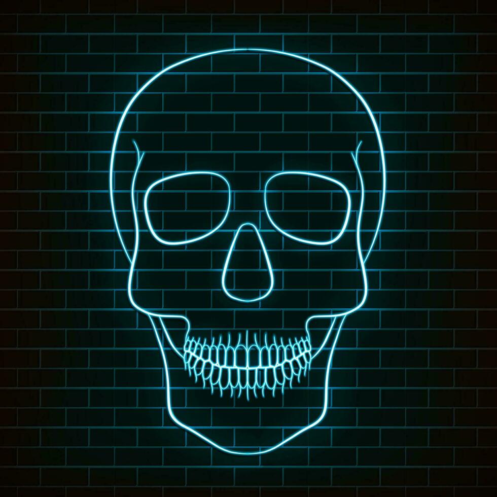 Traditional sugar skull. Element of design for the day of the dead. Neon light on a brick background. vector