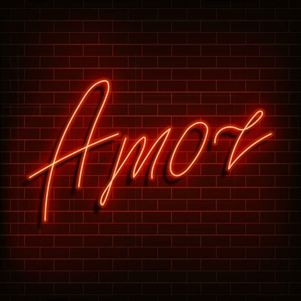 Neon word love in spanish and portuguese. A bright red sign on a brick wall. Element of design for a happy Valentine s day. Vector illustration