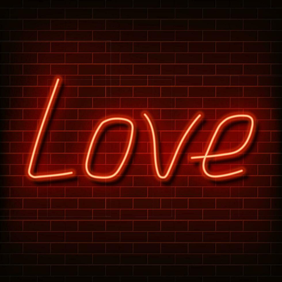 Neon word love. A bright red sign on a brick wall. Element of design for a happy Valentine s day. Vector illustration