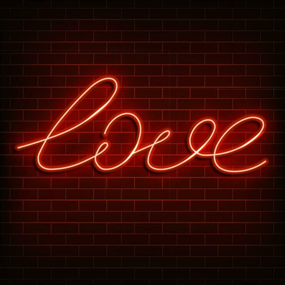 Neon word love. A bright red sign on a brick wall. Element of design for a happy Valentine s day. Vector illustration