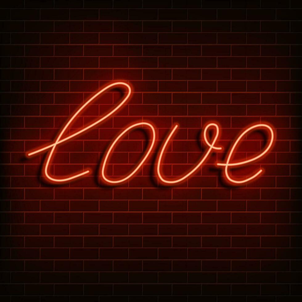 Neon word love. A bright red sign on a brick wall. Element of design for a happy Valentine s day. Vector illustration