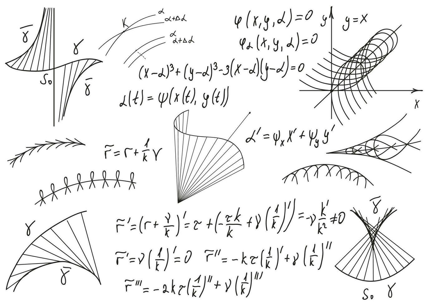 Mathematical formulas drawn by hand on a white chalkboard for the background. Vector illustration.