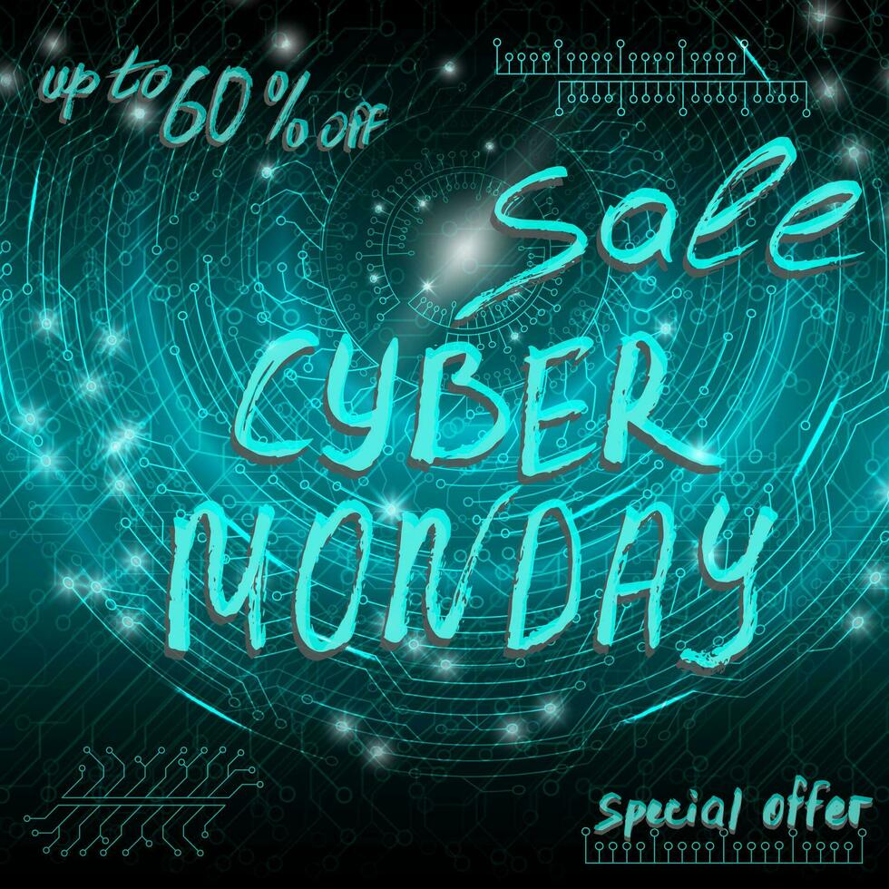 Blue futuristic technological background in cyberpunk style. Cyber monday. The inscription is painted by hand with brush. Lettering for design of postcards, calendar, poster, banner. vector