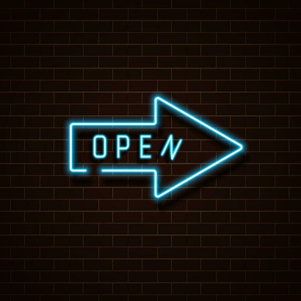 Neon blue arrow open on a brick wall. Vector Illustration.