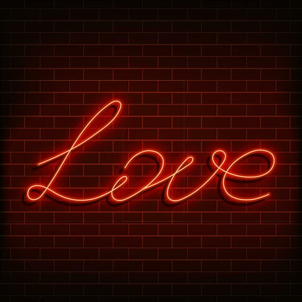 Neon word love. A bright red sign on a brick wall. Element of design for a happy Valentine s day. Vector illustration