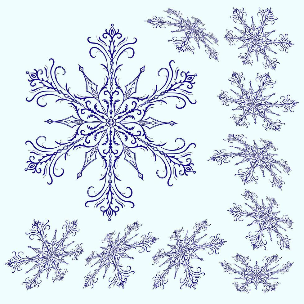 conjunto de copos de nieve en diferente posiciones para Navidad y nuevo años diseño vector