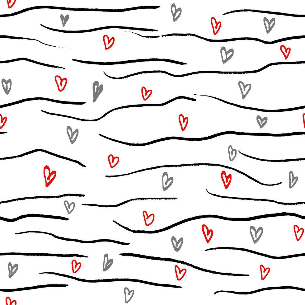 Seamless pattern with abstract hearts and lines. Hand drawn ink print for fabric, textiles, wrapping paper vector