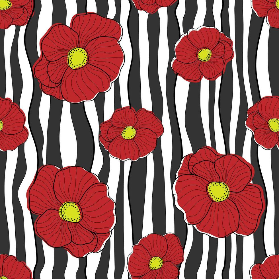 Flowers seamless pattern. Red poppies on striped black and white background. Floral print for textile, wallpapers, fabric and wrapping paper. vector