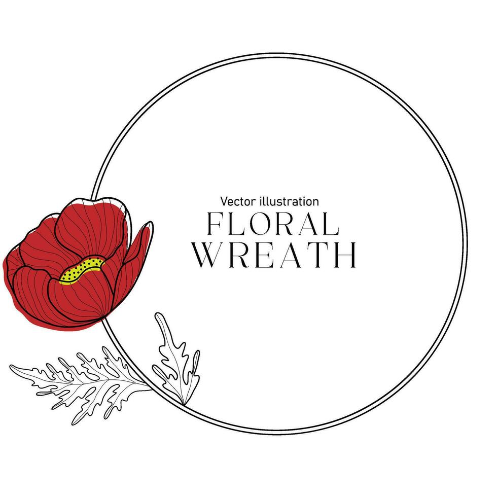 Romantic circle frame with red poppies. Floral wreath for labels, branding business identity, wedding invitation. vector