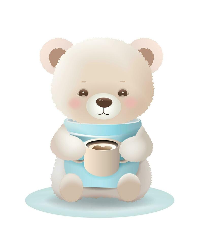 linda dibujos animados pequeño oso sentado participación un taza de caliente café vector ilustración