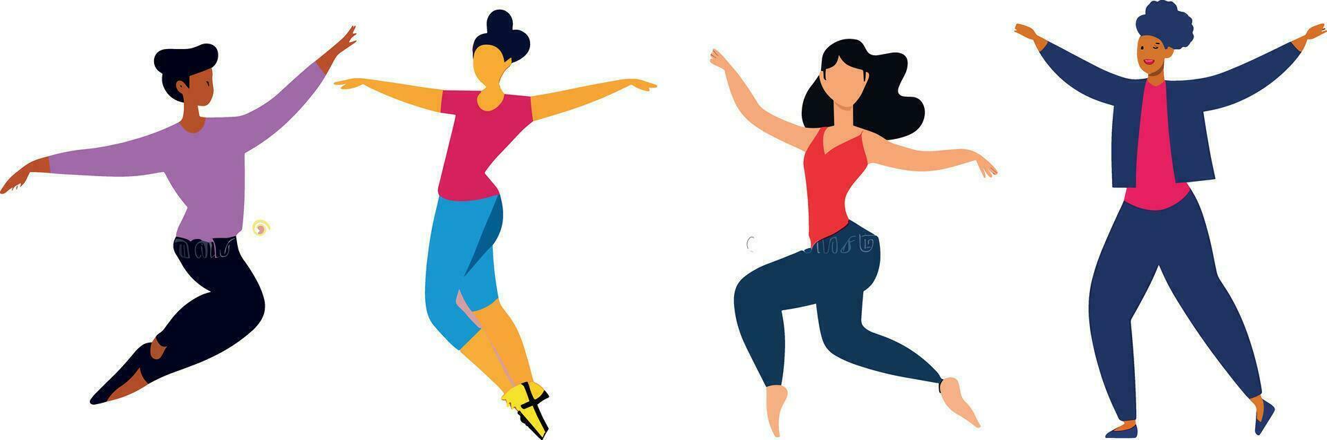 bailando chicas. joven contento bailarines aislado en un blanco antecedentes. sonriente joven mujer disfrutar un danza fiesta. plano estilo. vector ilustración